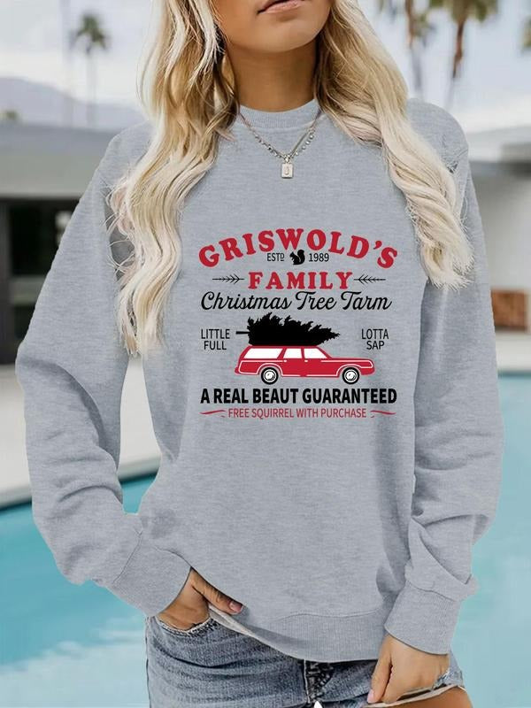 Women'WB shield Christmas Tree & Car Print Drop Shoulder Sweatshirt, Casual Long Sleeve Round Neck Pullover for Fall &...