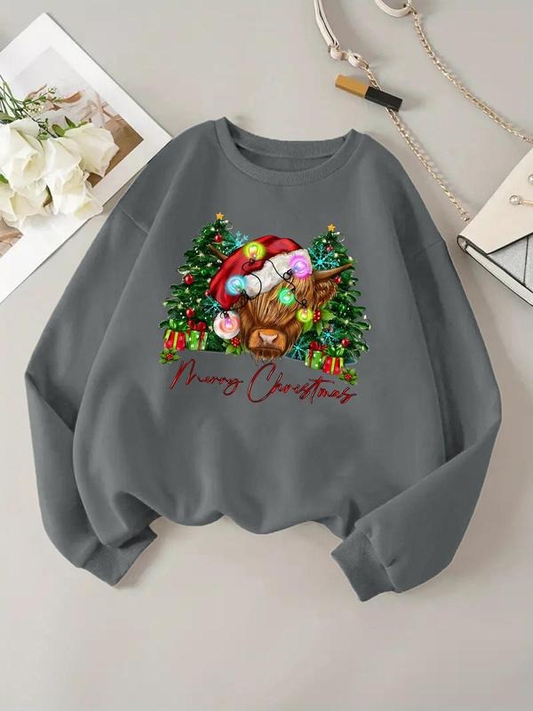 Women'WB shield Christmas Tree & Gift Print Crew Neck Sweatshirt, Casual Long Sleeve Pullover for Fall & Winter, Women'WB...