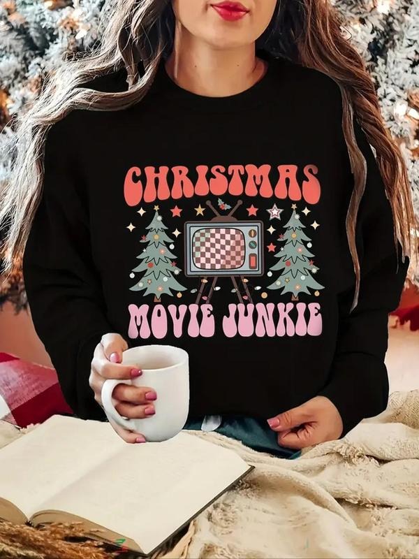 Women'WB shield Christmas Tree & Letter Print Crew Neck Sweatshirt, Casual Long Sleeve Pullover for Fall & Winter,...