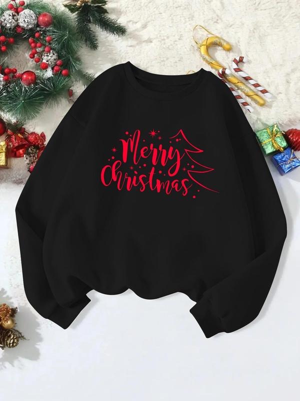 Women'WB shield Christmas Tree & Letter Print Crew Neck Sweatshirt, Casual Long Sleeve Pullover for Spring & Fall, Ladies...
