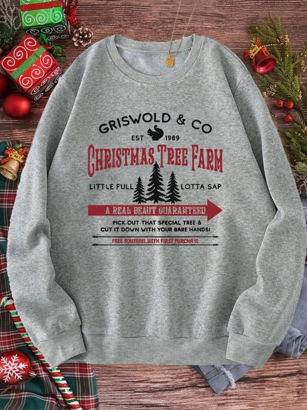 Women'WB shield Christmas Tree & Letter Print Crew Neck Sweatshirt, Casual Long Sleeve Pullover, Ladies Fall & Winter TNF...