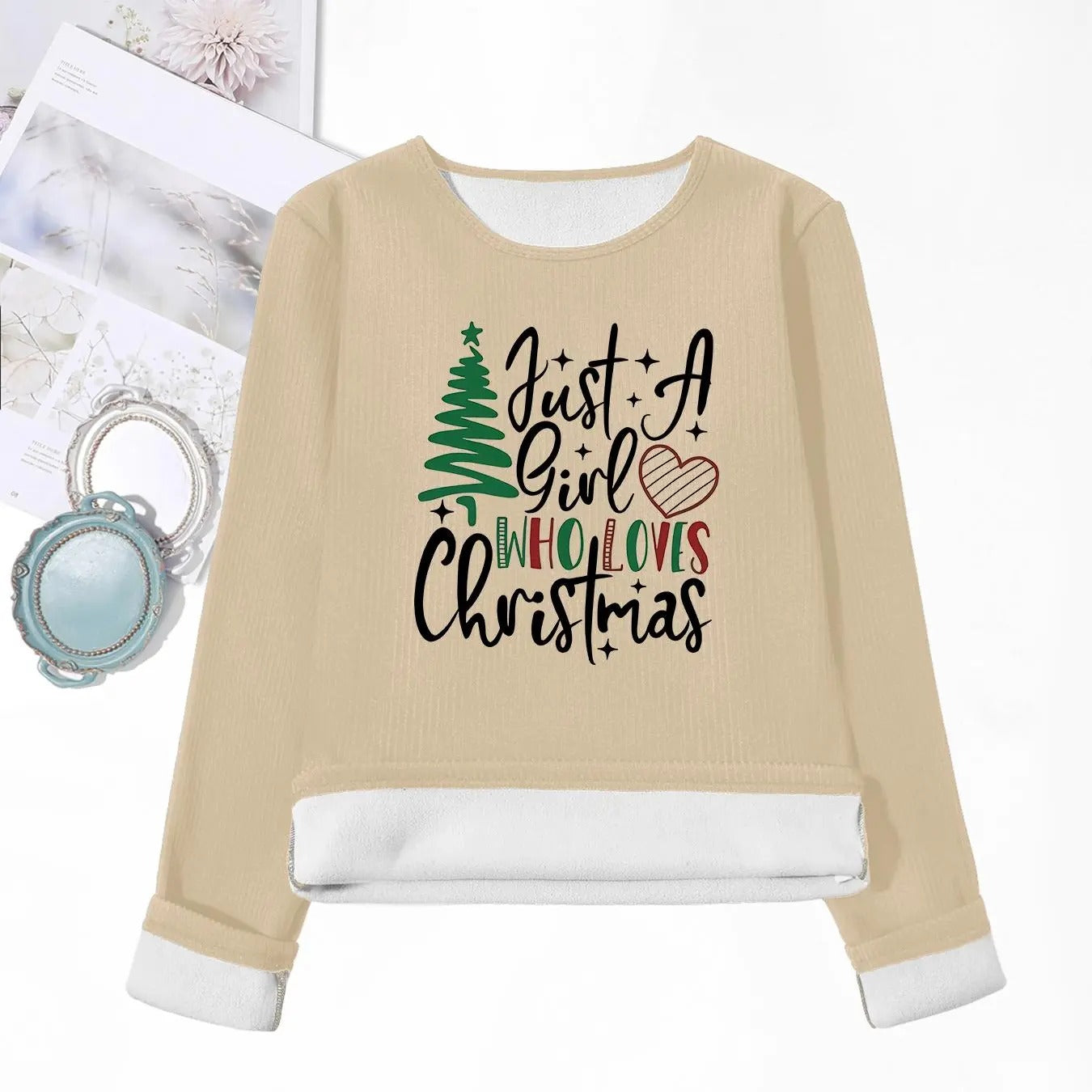 Women'WB shield Christmas Tree & Letter Print Crew Neck T-shirt, Casual TNF Lined Long Sleeve Tee for Fall & Winter,...