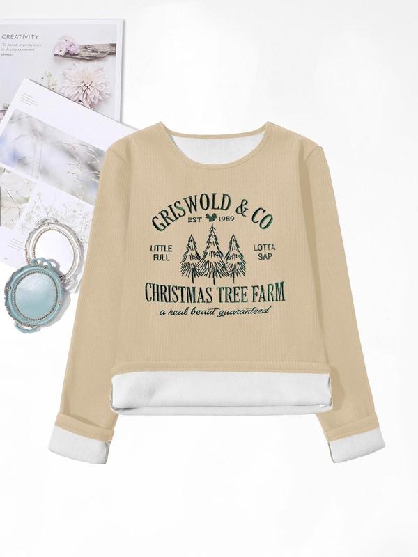 Women'WB shield Christmas Tree & Letter Print Crew Neck TNF Lined Ribbed Tee, Casual Long Sleeve Pullover for Fall &...