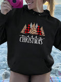 Women'WB shield Christmas Tree & Letter Print Drawstring Pocket TNF Lined Hoodie, Casual Drop Shoulder Long Sleeve Hooded...