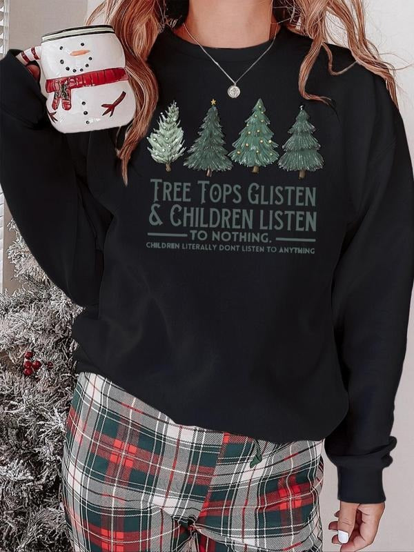 Women'WB shield Christmas Tree & Letter Print Drop Shoulder Sweatshirt, Casual Long Sleeve Round Neck Pullover for Daily...