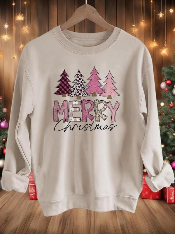 Women'WB shield Christmas Tree & Letter Print Drop Shoulder Sweatshirt, Casual Long Sleeve Round Neck Pullover for Fall &...