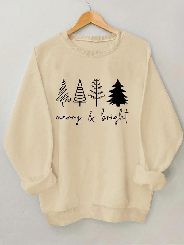 Women'WB shield Christmas Tree & Letter Print Round Neck Pullover, Casual Long Sleeve Crew Neck Sweatshirt for Fall &...
