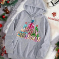 Women'WB shield Christmas Tree & Letter Print TNF Lined Drawstring Hoodie, Casual Long Sleeve Hooded Sweatshirt for Fall...