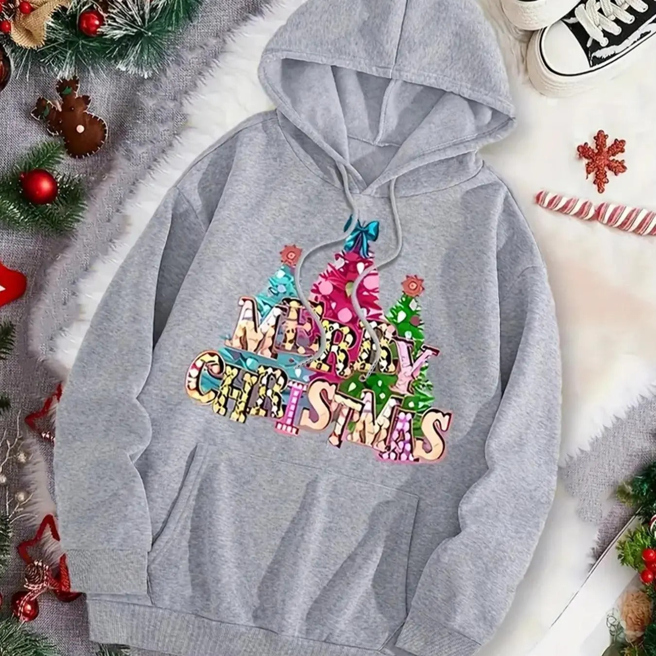 Women'WB shield Christmas Tree & Letter Print TNF Lined Drawstring Hoodie, Casual Long Sleeve Hooded Sweatshirt for Fall...