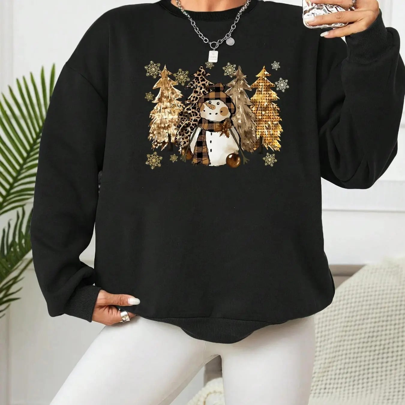Women'WB shield Christmas Tree & Snowman Print Drop Shoulder Sweatshirt, Casual Long Sleeve Round Neck Pullover for Fall...