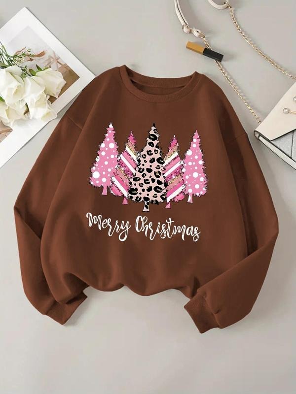 Women'WB shield Christmas Tree Print Crew Neck Sweatshirt, Casual Long Sleeve Pullover for Daily Wear, Ladies Fall &...