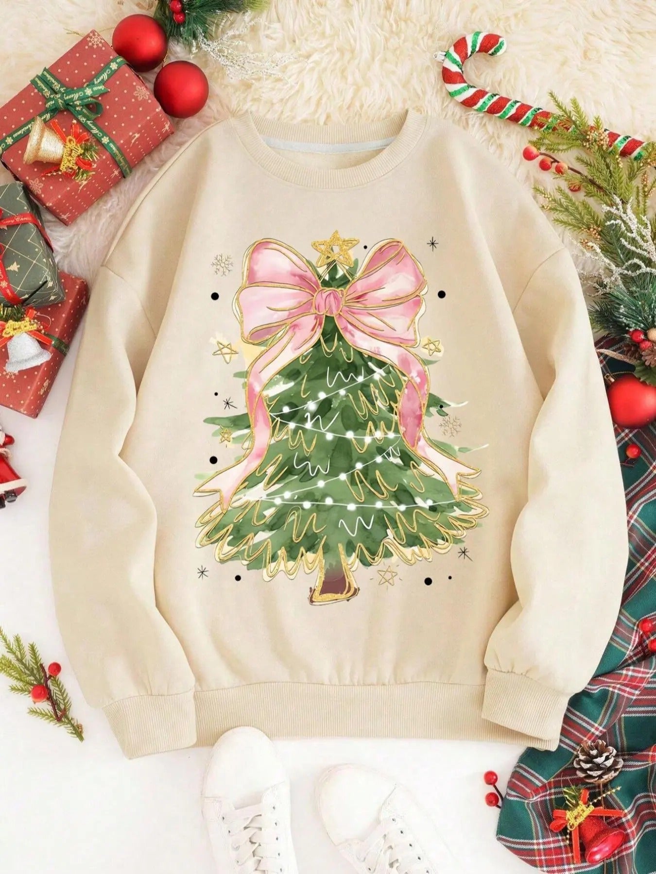 Women'WB shield Christmas Tree Print Crew Neck Sweatshirt, Casual Long Sleeve Pullover for Daily Wear, Ladies Spring &...