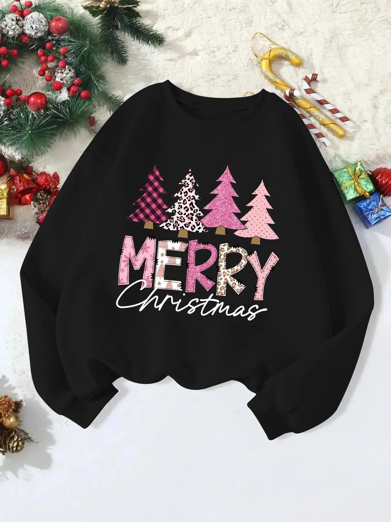 Women'WB shield Christmas Tree Print Crew Neck Sweatshirt, Casual Long Sleeve Pullover for Daily Wear, Ladies Spring &...