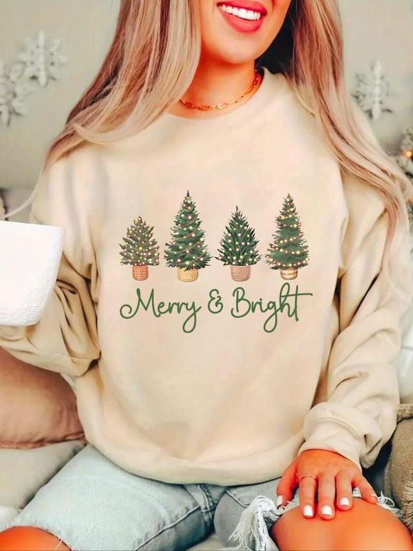 Women'WB shield Christmas Tree Print Crew Neck Sweatshirt, Casual Long Sleeve Pullover for Fall & Winter, Ladies TNF for...