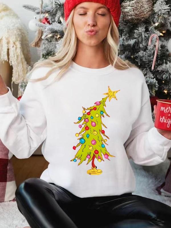 Women'WB shield Christmas Tree Print Crew Neck Sweatshirt, Casual Long Sleeve Pullover for Spring & Fall, Ladies TNF for...