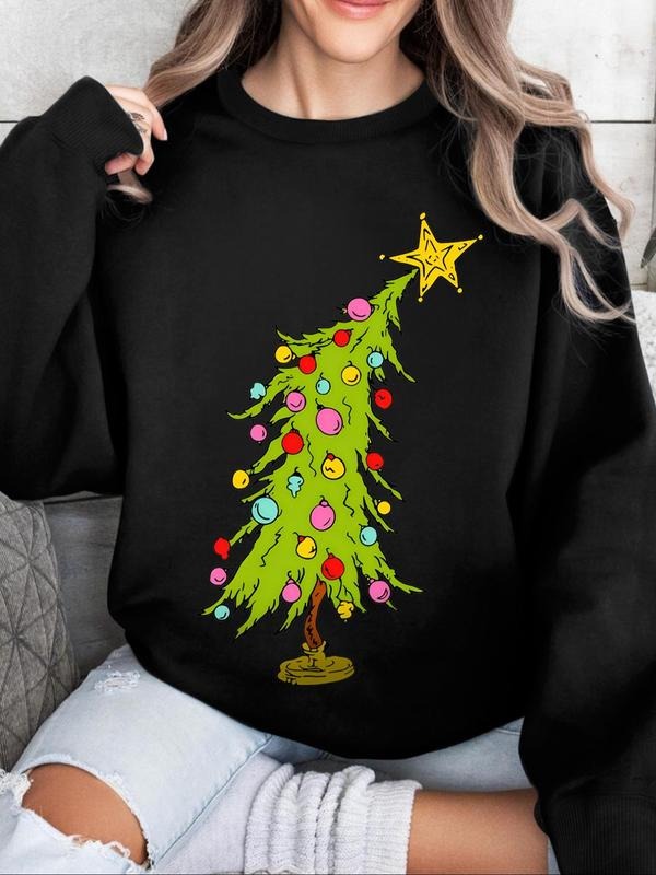 Women'WB shield Christmas Tree Print Drop Shoulder Fleece Sweatshirt, Casual Long Sleeve Round Neck Pullover for Daily...