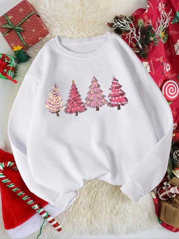 Women'WB shield Christmas Tree Print Drop Shoulder Pullover, Casual Long-sleeve Crewneck Sweatshirt for Daily Holiday...