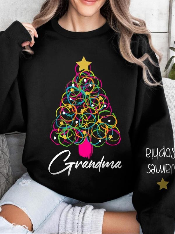 Women'WB shield Christmas Tree Print Drop Shoulder Sweatshirt, Casual Letter Print Long Sleeve Round Neck Pullover for...
