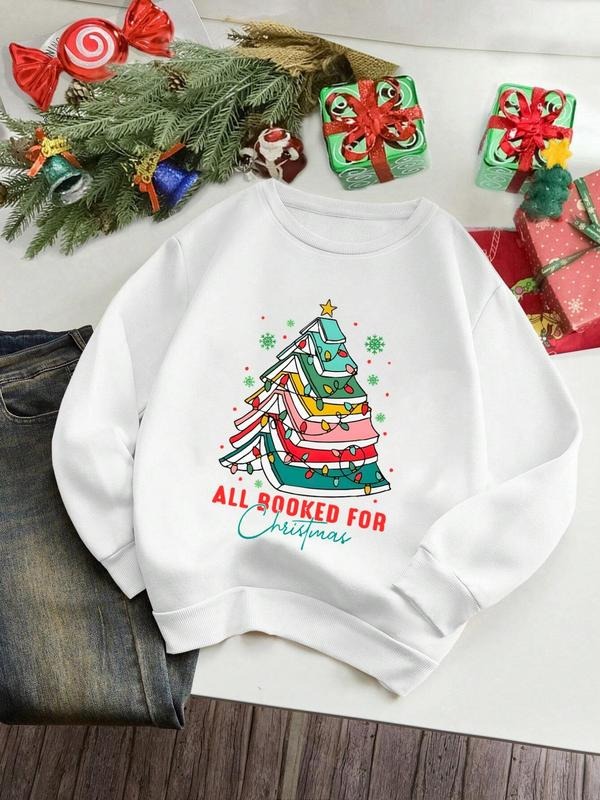 Women'WB shield Christmas Tree Print Drop Shoulder Sweatshirt, Casual Letter Slogan Long Sleeve Round Neck Pullover for...