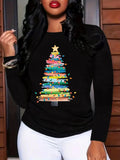 Women'WB shield Christmas Tree Print Round Neck Tee, Casual Long Sleeve Crew Neck T-shirt for Fall & Winter, Women'WB...