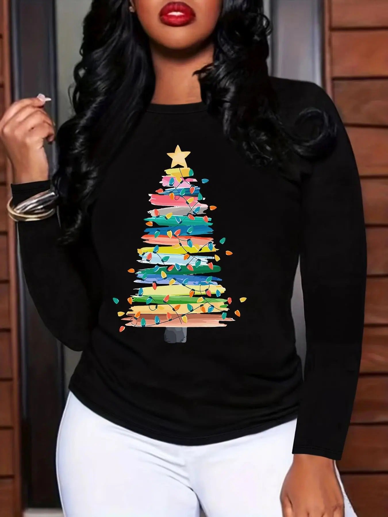 Women'WB shield Christmas Tree Print Round Neck Tee, Casual Long Sleeve Crew Neck T-shirt for Fall & Winter, Women'WB...
