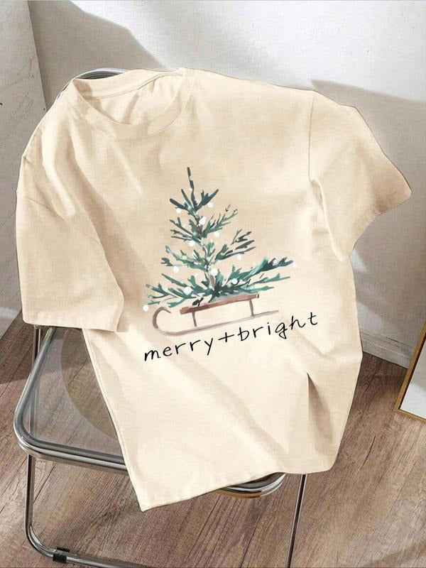 Women'WB shield Christmas Tree Print Round Neck Tee, Casual Short Sleeve Crew Neck T-Shirt for Summer, Fashion Women'WB...