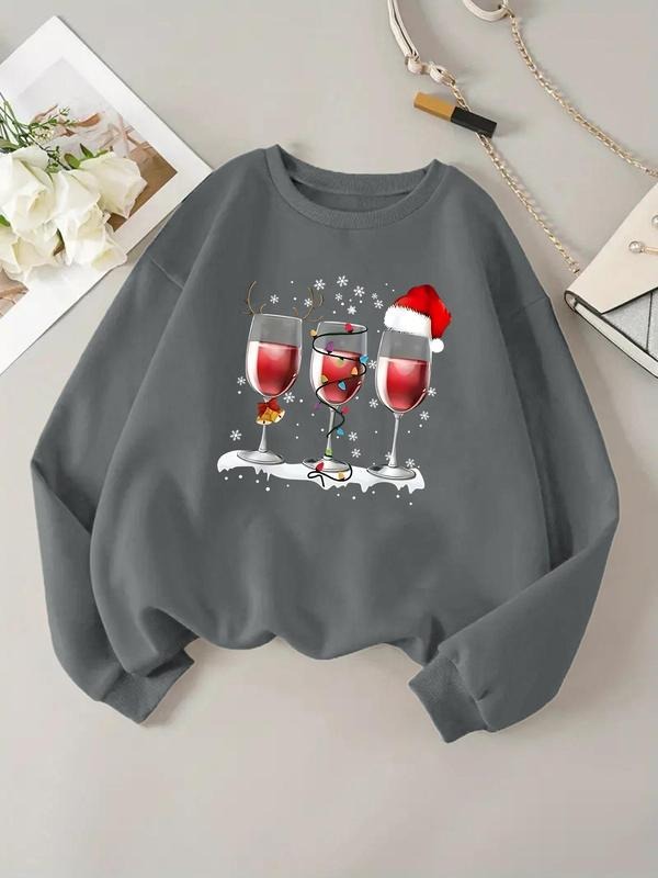 Women'WB shield Christmas Wine Glass Print Drop Shoulder Sweatshirt, Casual Long Sleeve Round Neck Pullover for Daily...