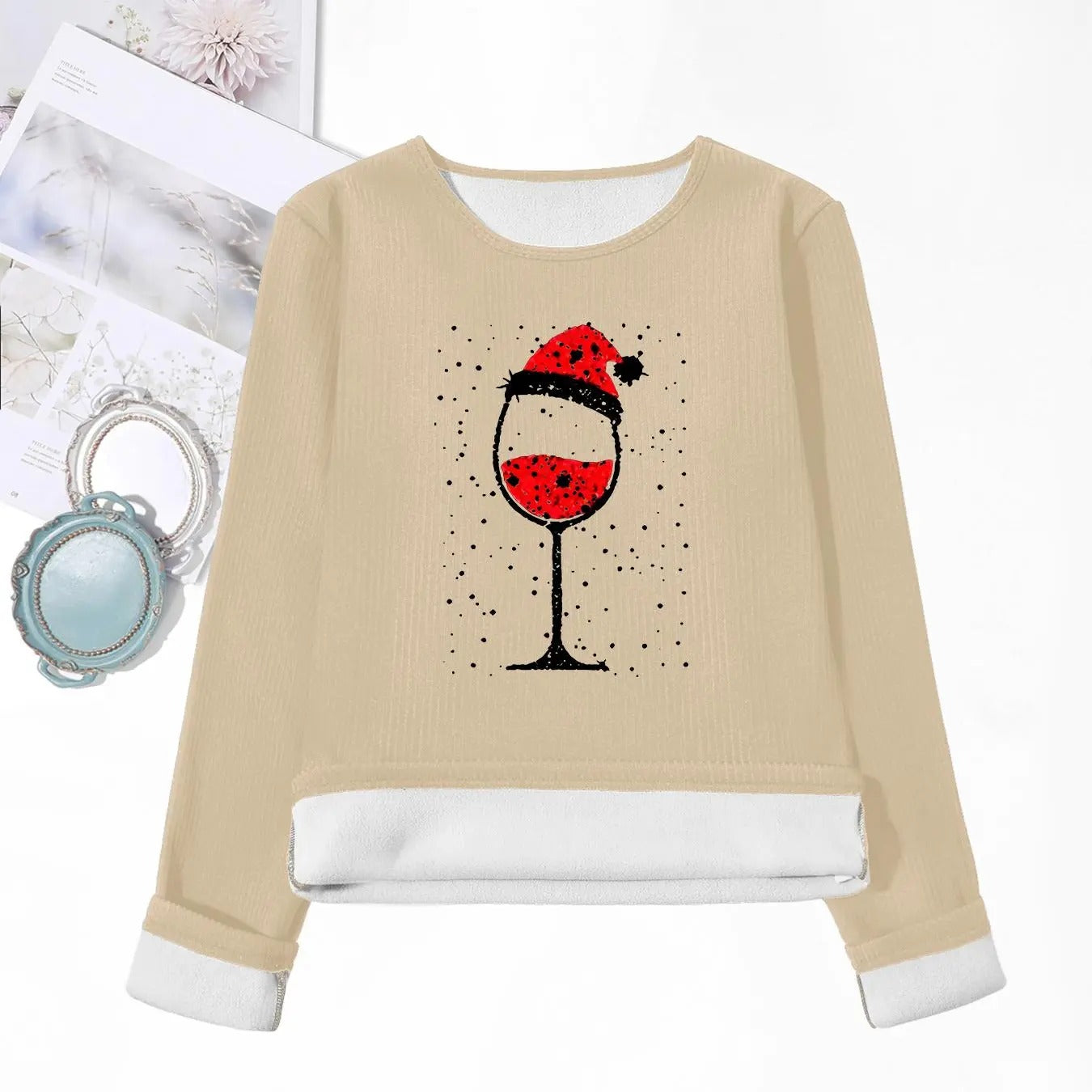 Women'WB shield Christmas Wine Glass Print Drop Shoulder TNF Lined Tee, Casual Long Sleeve Round Neck Pullover for Fall &...
