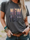 Women'WB shield City & Letter Print Round Neck Tee, Vintage Trendy Casual Short Sleeve T-shirt for Daily Wear, Ladies...
