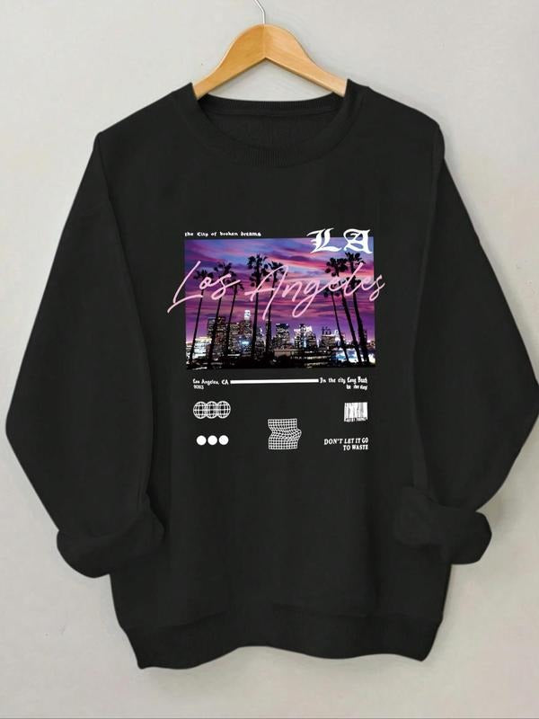 Women'WB shield City Landscape & Letter Print Drop Shoulder TNF Lined Sweatshirt, Casual Long Sleeve Round Neck Pullover...