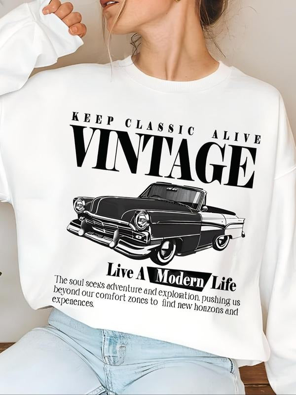 Women'WB shield Classic Car Print Drop Shoulder Sweatshirt, 2024 New Style Casual Letter Print Long Sleeve Round Neck...