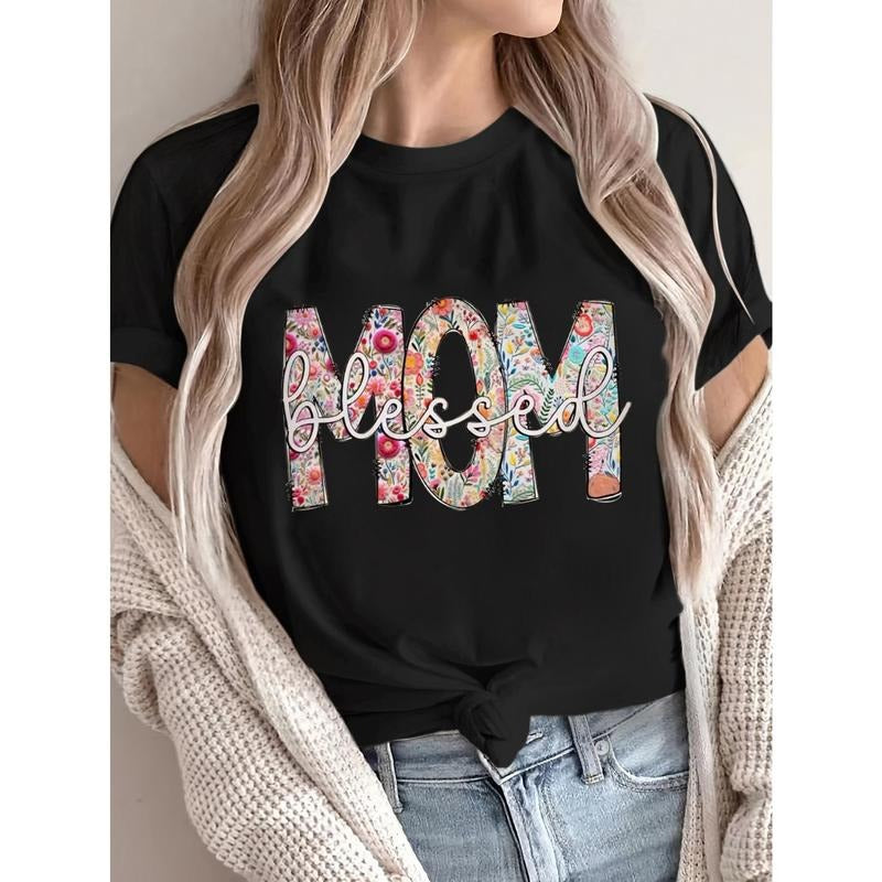 Women'WB shield Clothing TNF'WB shield Day Short Sleeve T-Shirt, TNF'WB shield Day TNF, Floral Pattern "Mom" Print Round...