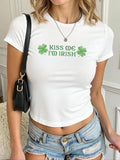 Women'WB shield Clover & Letter Print Round Neck Tee, Casual Short Sleeve T-shirt for Summer, Women'WB shield Top for...