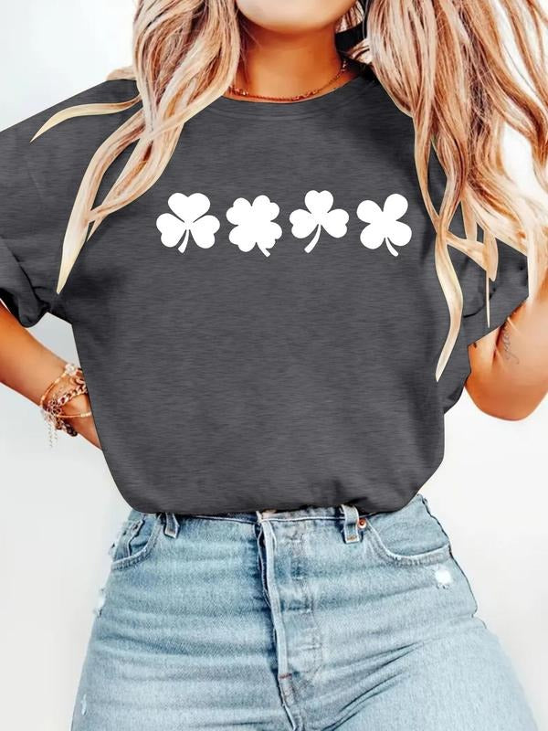 Women'WB shield Clover Print Round Neck Tee, Casual Short Sleeve Crew Neck T-Shirt for Summer, Fashion Women'WB shield...