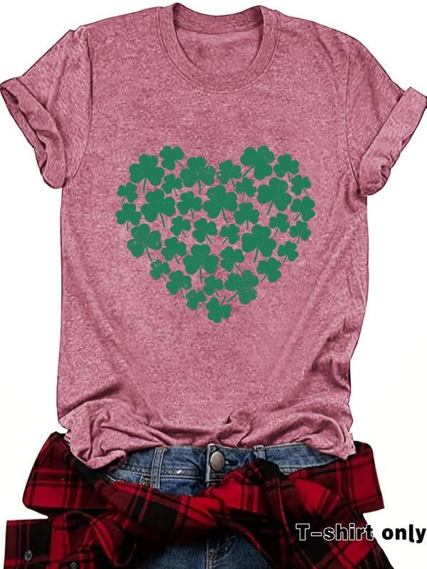 Women'WB shield Clover Print Round Neck Tee, Casual Short Sleeve Crew Neck T-shirt for Summer, Fashion Women'WB shield...
