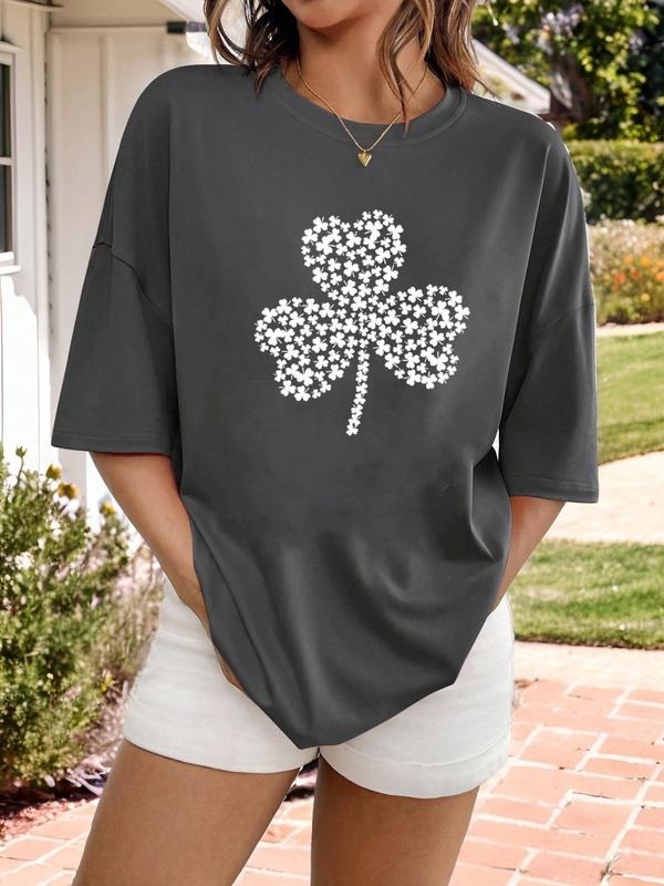 Women'WB shield Clover Print Round Neck Tee, Casual Short Sleeve T-shirt for Summer, Ladies TNF for Daily Wear Hoodie,...