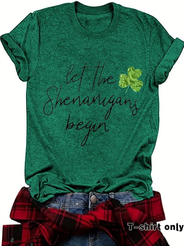 Women'WB shield Clover Print Round Neck Tee, Fashion Casual Letter Print Crew Neck T-Shirt for Daily Holiday Vacation...