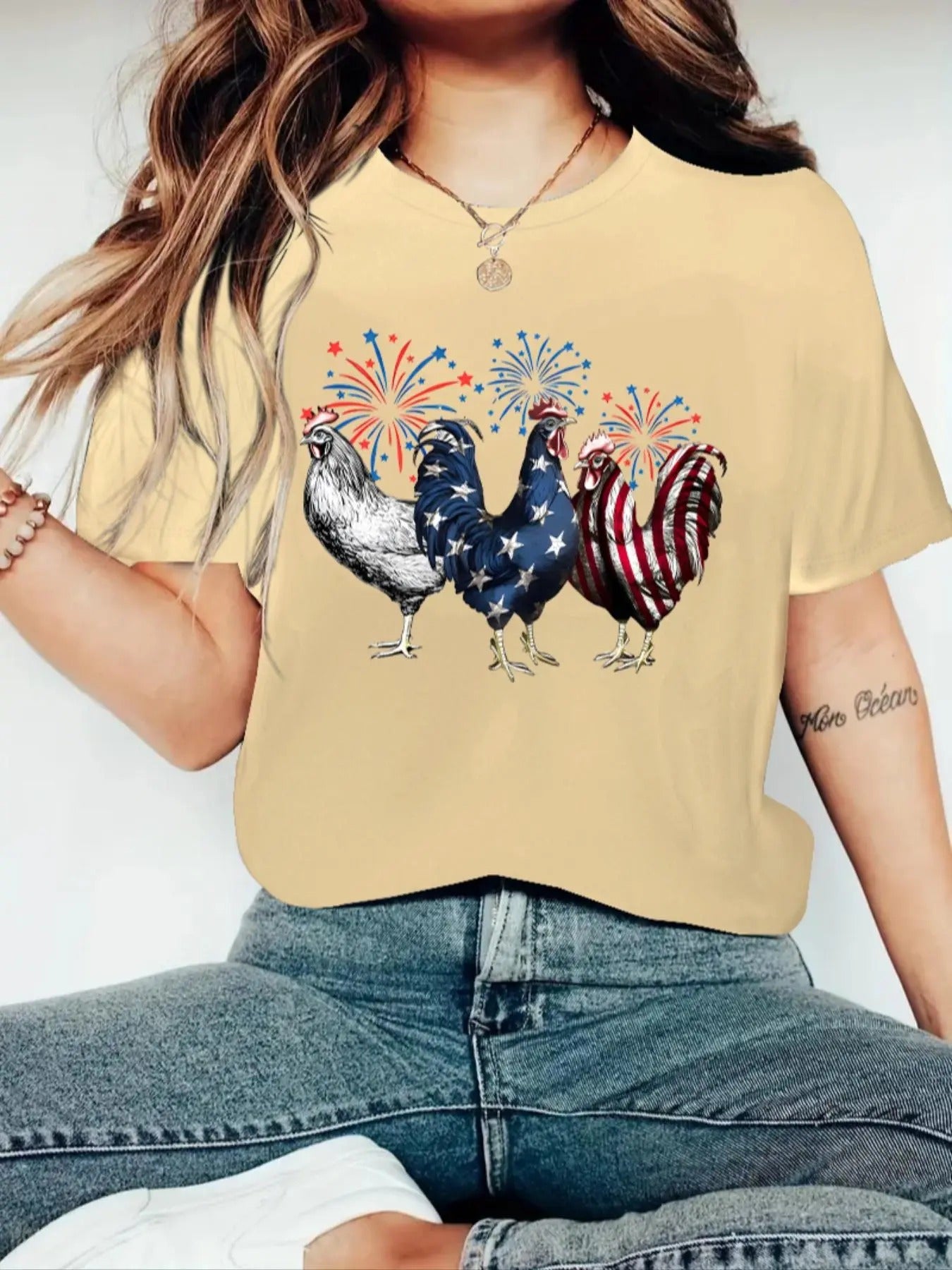 Women'WB shield Cock & Firework Print Round Neck Tee, Casual Short Sleeve Crew Neck T-shirt for Daily Wear, Ladies TNF...