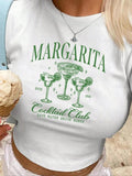 Women'WB shield Cocktail & Letter Print Round Neck Crop Tee, Casual Short Sleeve Graphic T-shirt, Ladies Summer Outfit...