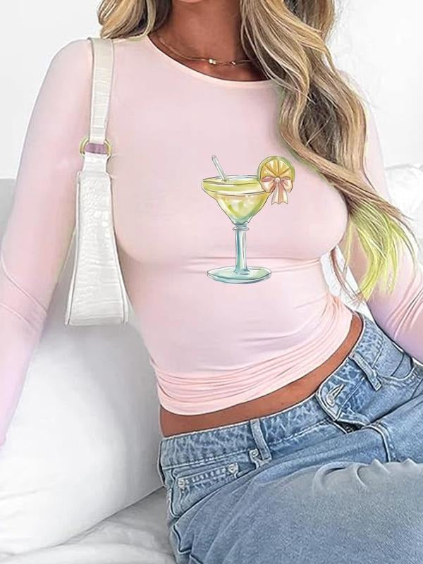 Women'WB shield Cocktail Print Round Neck Tee, Fashion Casual Long Sleeve T-Shirt for Daily Outdoor Wear, Ladies TNF for...