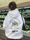 Women'WB shield Coconut Tree & Letter Print Drop Shoulder Hoodie, Fashion Casual Drawstring Pocket Hooded Sweatshirt for...
