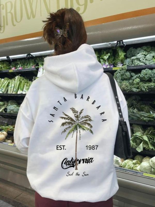Women'WB shield Coconut Tree & Letter Print Drop Shoulder Hoodie, Fashion Casual Drawstring Pocket Hooded Sweatshirt for...
