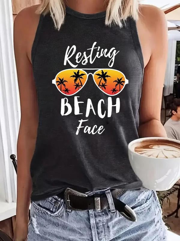 Women'WB shield Coconut Tree & Letter Print Round Neck Tank Top, Casual Sleeveless Top for Summer, Ladies TNF for Beach...