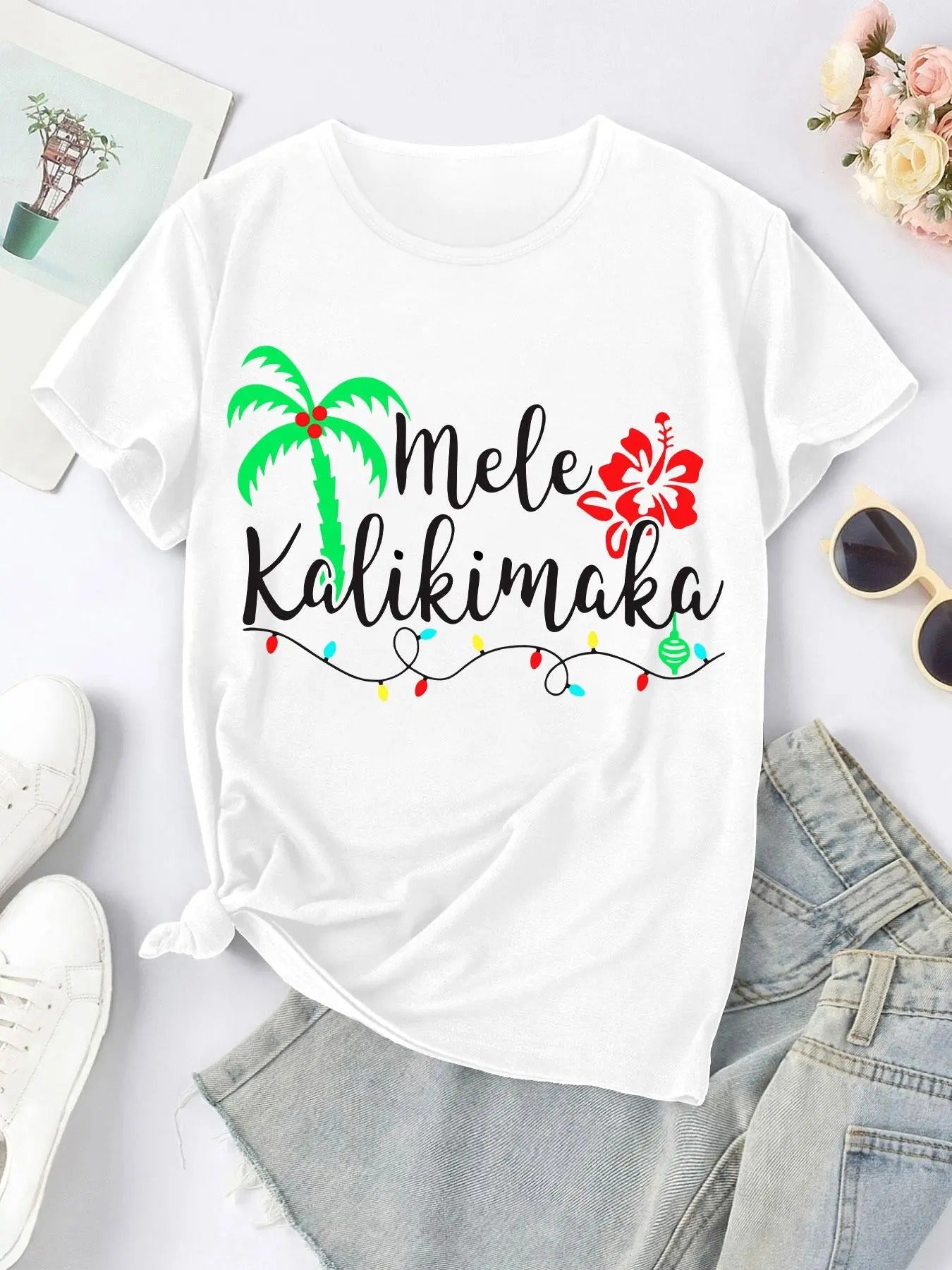 Women'WB shield Coconut Tree & Letter Print Round Neck Tee, Casual Short Sleeve Crew Neck T-shirt for Summer, Fashion...