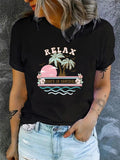 Women'WB shield Coconut Tree & Letter Print Round Neck Tee, Trendy Casual Crew Neck Short Sleeve T-shirt For Daily Wear,...