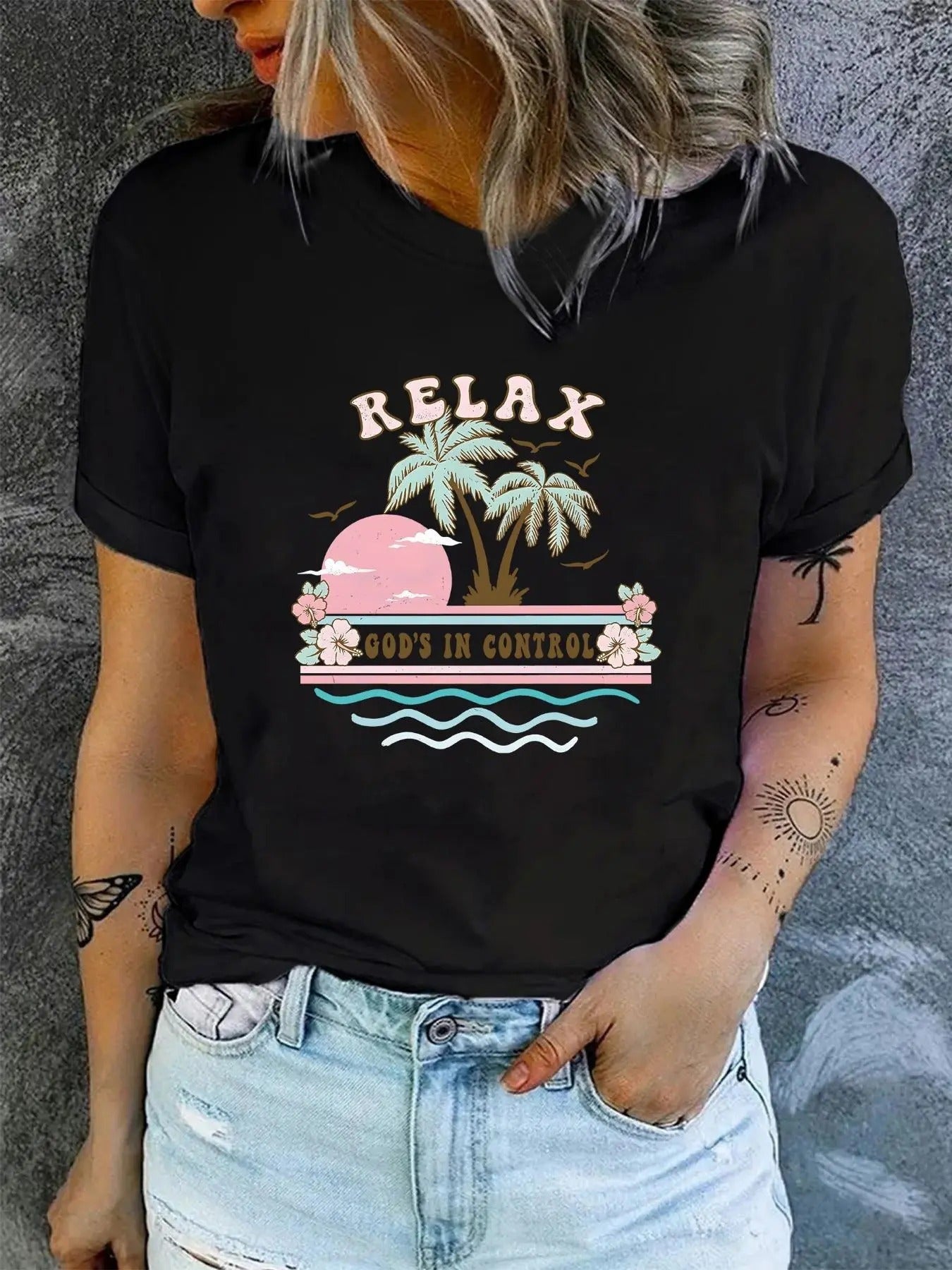 Women'WB shield Coconut Tree & Letter Print Round Neck Tee, Trendy Casual Crew Neck Short Sleeve T-shirt For Daily Wear,...