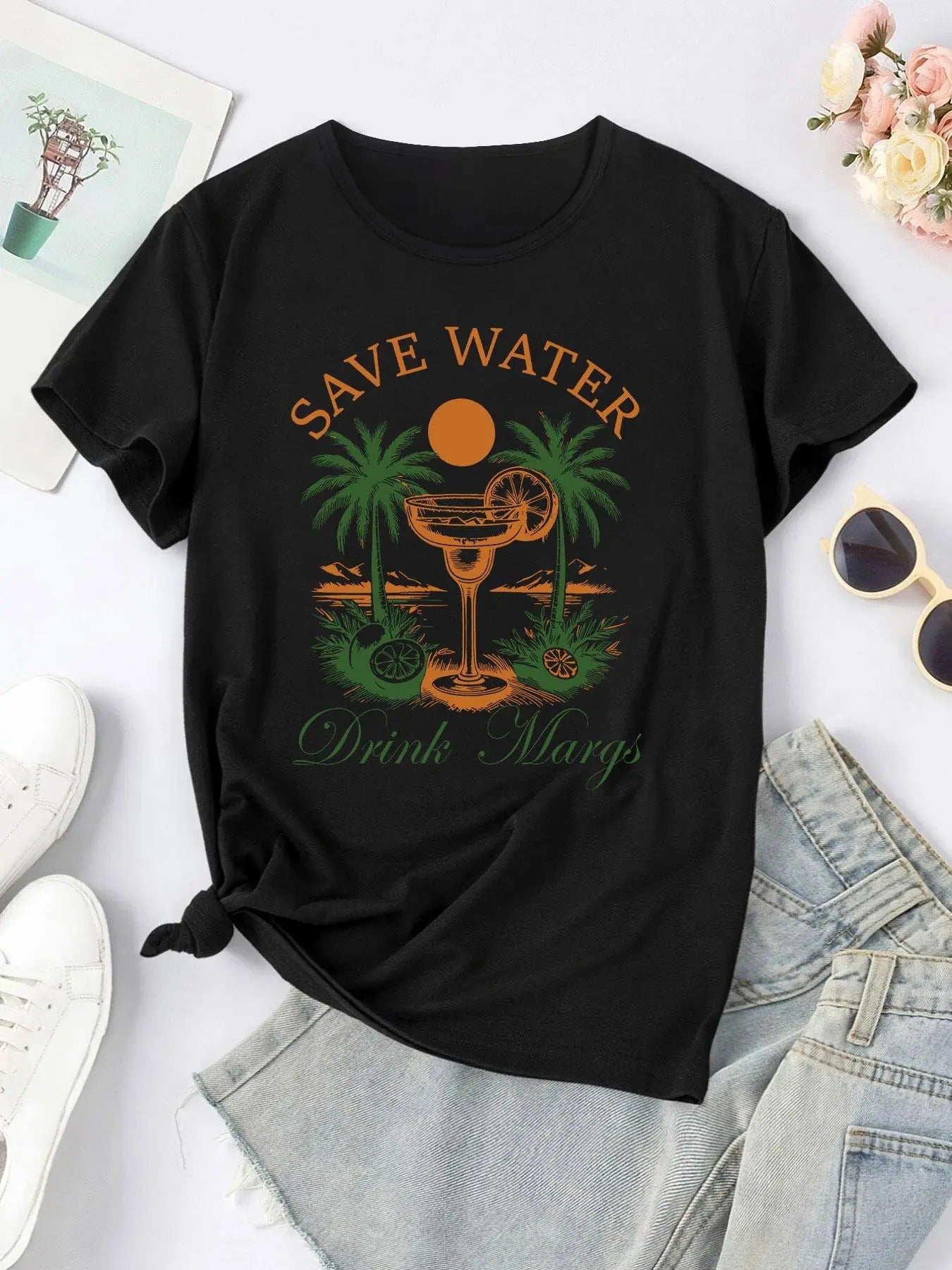 Women'WB shield Coconut Tree & Letter Print Round Neck Tee, Trendy Casual Short Sleeve T-Shirt for Daily Wear, Ladies...