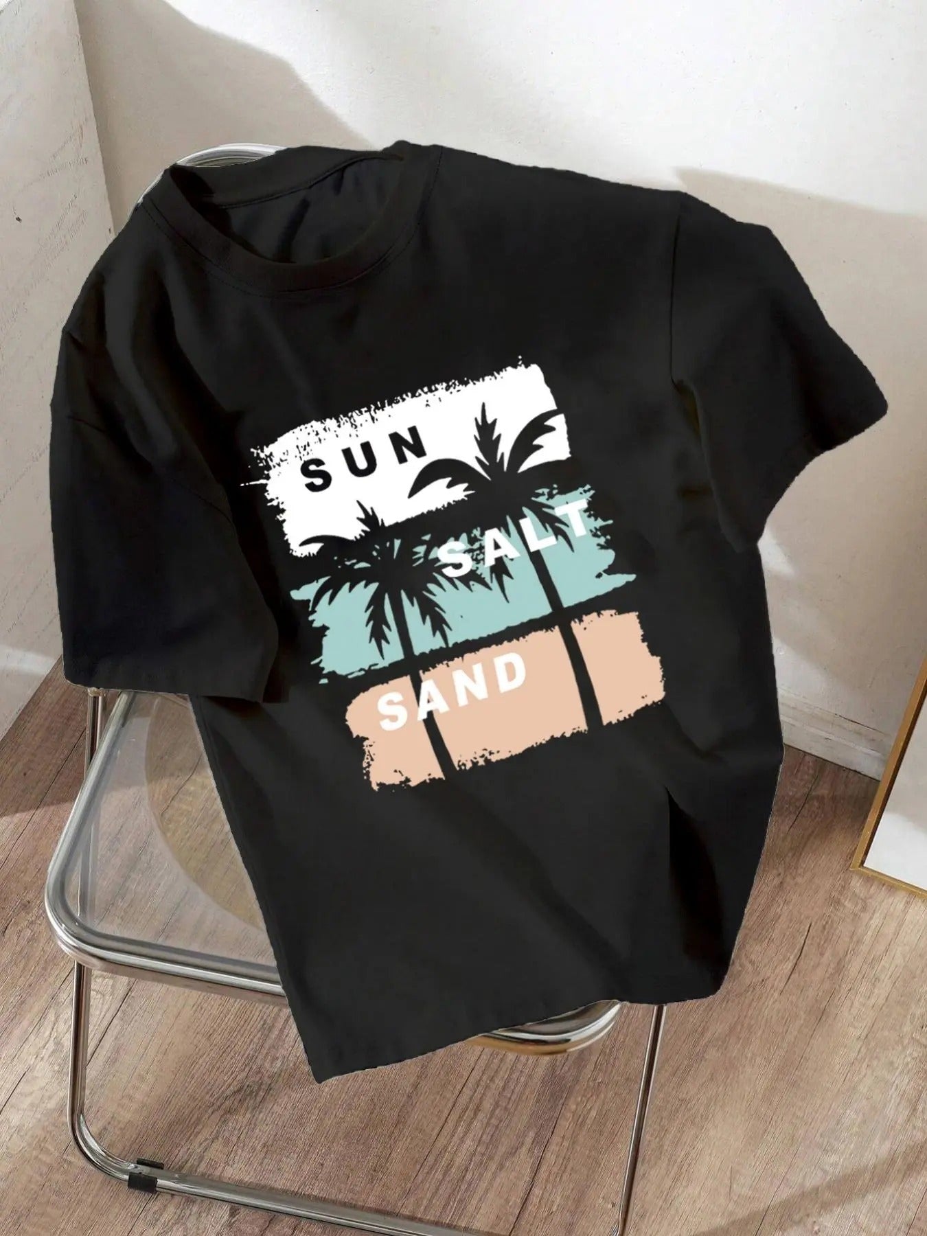 Women'WB shield Coconut Tree & Sun Print Round Neck Tee, Fashion Casual Drop Shoulder Short Sleeve T-shirt for Daily...