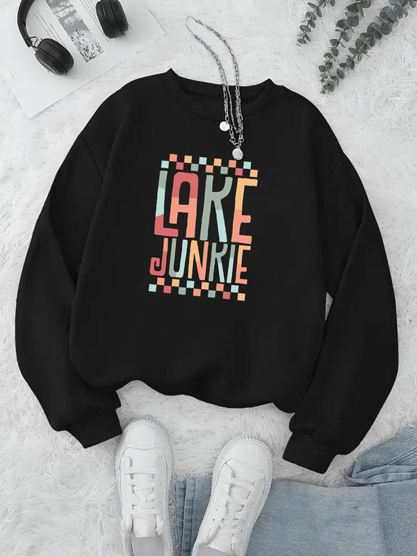Women'WB shield Coconut Tree Print Drop Shoulder Sweatshirt, Fashion Casual Letter Print Crew Neck Pullover For Daily...