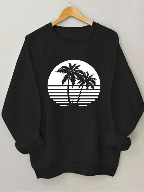 Women'WB shield Coconut Tree Print Round Neck Sweatshirt, Casual Long Sleeve Crew Neck Pullover For Fall & Winter,...